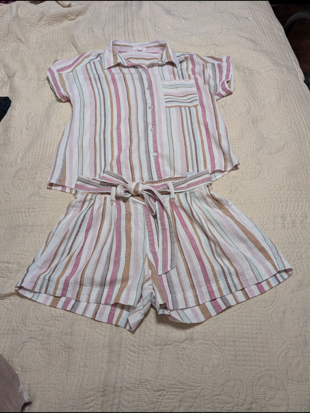 Maurices Pink, Tan & White Striped Two-Piece Short Set